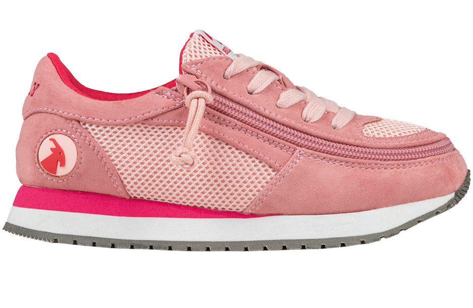 Kid's Pink/Pink BILLY Joggers, zipper shoes, like velcro, that are adaptive, accessible, inclusive and use universal design to accommodate an afo. Footwear is medium and wide width, M, D and EEE, are comfortable, and come in toddler, kids, mens, and womens sizing.