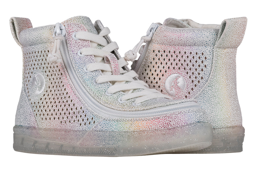 Kid's Rainbow Crackle BILLY Classic Lace Highs, zipper shoes, like velcro, that are adaptive, accessible, inclusive and use universal design to accommodate an afo. BILLY Footwear coms in medium and wide width, M, D and EEE, are comfortable, and come in toddler, kids, mens, and womens sizing.