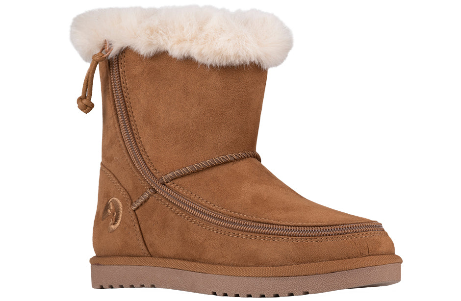 Kid's Chestnut BILLY Cozy Boots, zipper shoes, like velcro, that are adaptive, accessible, inclusive and use universal design to accommodate an afo. BILLY Footwear is medium and wide width, M, D and EEE, are comfortable, and come in toddler, kids, mens, and womens sizing.