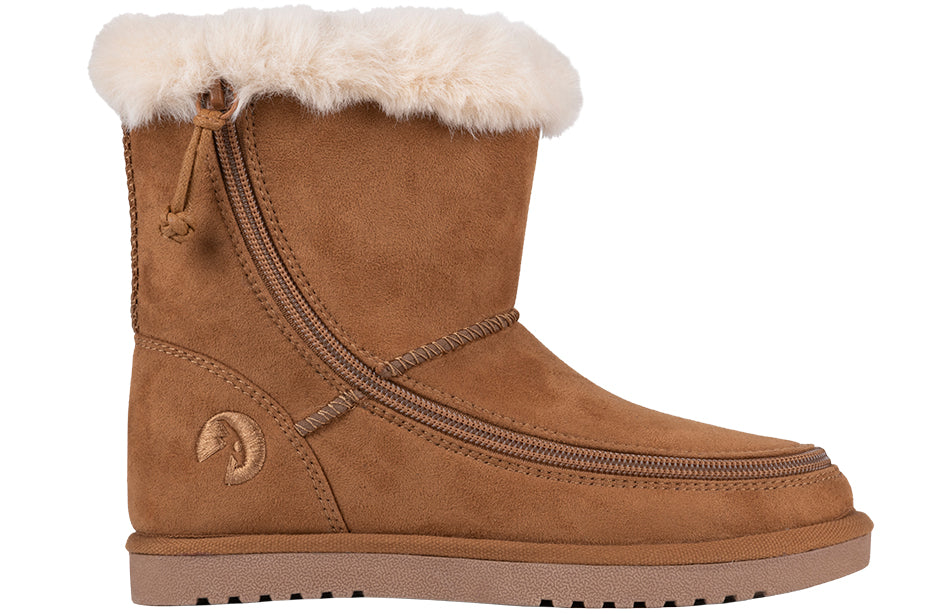 Kid's Chestnut BILLY Cozy Boots, zipper shoes, like velcro, that are adaptive, accessible, inclusive and use universal design to accommodate an afo. BILLY Footwear is medium and wide width, M, D and EEE, are comfortable, and come in toddler, kids, mens, and womens sizing.