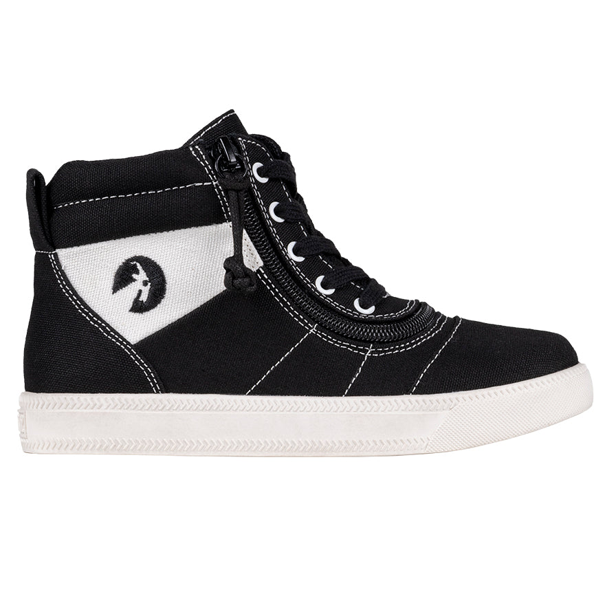 Kid's Black BILLY Street Short Wrap High Tops, zipper shoes, like velcro, that are adaptive, accessible, inclusive and use universal design to accommodate an afo. BILLY Footwear comes in medium and wide width, M, D and EEE, are comfortable, and come in toddler, kids, mens, and womens sizing.