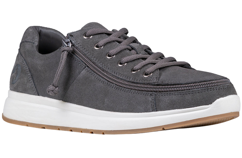 Men's Grey Suede BILLY Comfort Lows, zipper shoes, like velcro, that are adaptive, accessible, inclusive and use universal design to accommodate an afo. Footwear is medium and wide width, M, D and EEE, are comfortable, and come in toddler, kids, mens, and womens sizing.