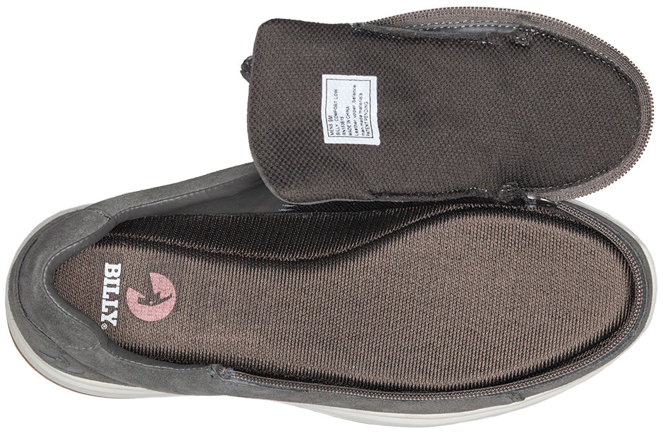 Men's Grey Suede BILLY Comfort Lows, zipper shoes, like velcro, that are adaptive, accessible, inclusive and use universal design to accommodate an afo. Footwear is medium and wide width, M, D and EEE, are comfortable, and come in toddler, kids, mens, and womens sizing.