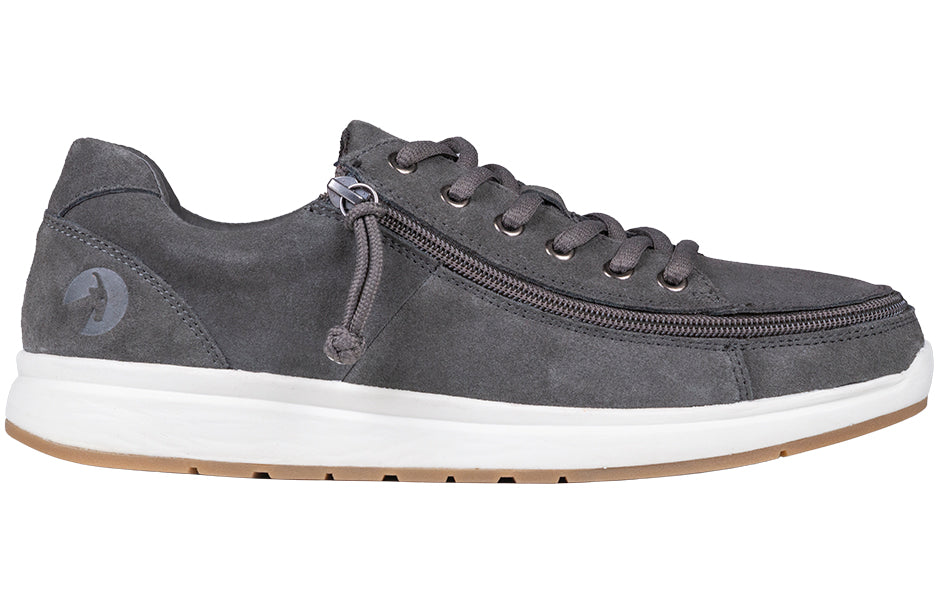 Men's Grey Suede BILLY Comfort Lows, zipper shoes, like velcro, that are adaptive, accessible, inclusive and use universal design to accommodate an afo. Footwear is medium and wide width, M, D and EEE, are comfortable, and come in toddler, kids, mens, and womens sizing.