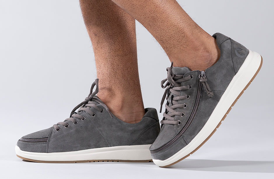 Men's Grey Suede BILLY Comfort Lows, zipper shoes, like velcro, that are adaptive, accessible, inclusive and use universal design to accommodate an afo. Footwear is medium and wide width, M, D and EEE, are comfortable, and come in toddler, kids, mens, and womens sizing.