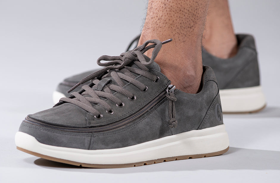 Men's Grey Suede BILLY Comfort Lows, zipper shoes, like velcro, that are adaptive, accessible, inclusive and use universal design to accommodate an afo. Footwear is medium and wide width, M, D and EEE, are comfortable, and come in toddler, kids, mens, and womens sizing.