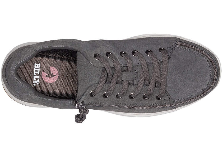 Men's Grey Suede BILLY Comfort Lows, zipper shoes, like velcro, that are adaptive, accessible, inclusive and use universal design to accommodate an afo. Footwear is medium and wide width, M, D and EEE, are comfortable, and come in toddler, kids, mens, and womens sizing.