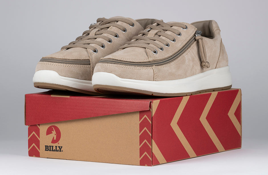Men's Tan Suede BILLY Comfort Lows, zipper shoes, like velcro, that are adaptive, accessible, inclusive and use universal design to accommodate an afo. Footwear is medium and wide width, M, D and EEE, are comfortable, and come in toddler, kids, mens, and womens sizing.