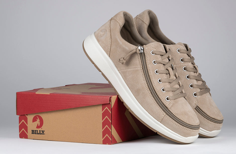 Men's Tan Suede BILLY Comfort Lows, zipper shoes, like velcro, that are adaptive, accessible, inclusive and use universal design to accommodate an afo. Footwear is medium and wide width, M, D and EEE, are comfortable, and come in toddler, kids, mens, and womens sizing.