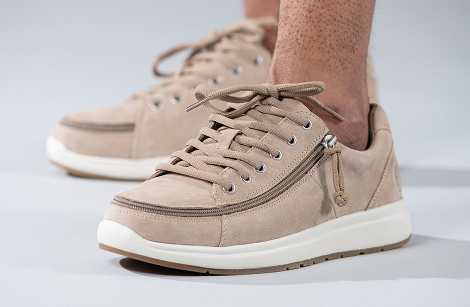 Men's Tan Suede BILLY Comfort Lows, zipper shoes, like velcro, that are adaptive, accessible, inclusive and use universal design to accommodate an afo. Footwear is medium and wide width, M, D and EEE, are comfortable, and come in toddler, kids, mens, and womens sizing.
