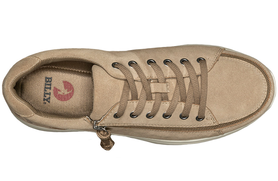 Men's Tan Suede BILLY Comfort Lows, zipper shoes, like velcro, that are adaptive, accessible, inclusive and use universal design to accommodate an afo. Footwear is medium and wide width, M, D and EEE, are comfortable, and come in toddler, kids, mens, and womens sizing.