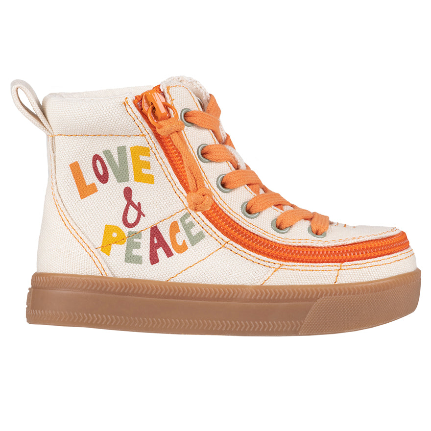 Toddler Love and Peace BILLY Classic Lace Highs, zipper shoes, like velcro, that are adaptive, accessible, inclusive and use universal design to accommodate an afo. BILLY Footwear comes in medium and wide width, M, D and EEE, are comfortable, and come in toddler, kids, mens, and womens sizing.