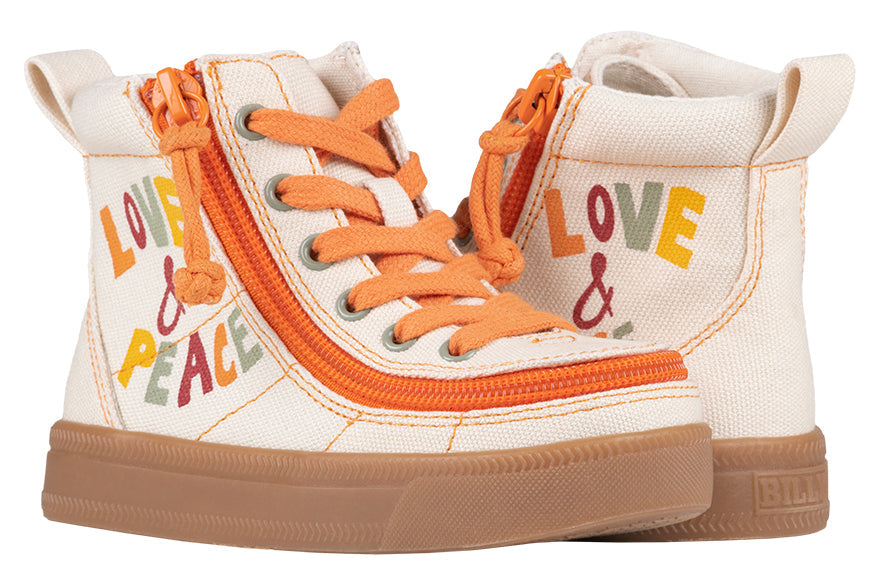 Toddler Love and Peace BILLY Classic Lace Highs, zipper shoes, like velcro, that are adaptive, accessible, inclusive and use universal design to accommodate an afo. BILLY Footwear comes in medium and wide width, M, D and EEE, are comfortable, and come in toddler, kids, mens, and womens sizing.