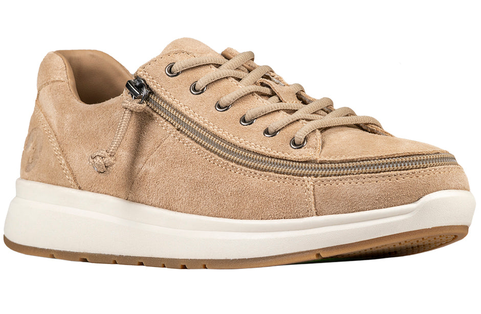 Women's Tan Suede BILLY Comfort Lows, zipper shoes, like velcro, that are adaptive, accessible, inclusive and use universal design to accommodate an afo. Footwear is medium and wide width, M, D and EEE, are comfortable, and come in toddler, kids, mens, and womens sizing.