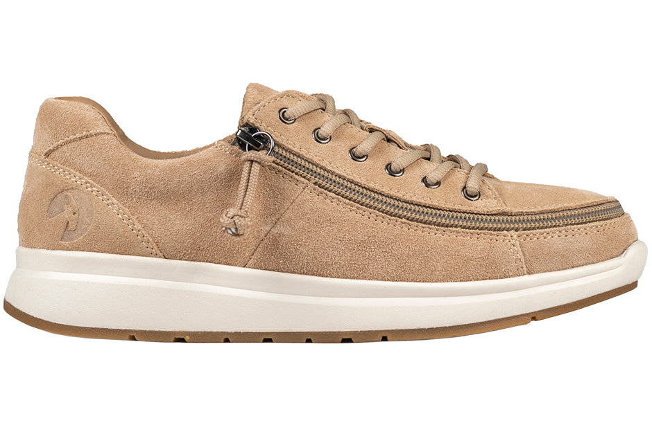 Women's Tan Suede BILLY Comfort Lows, zipper shoes, like velcro, that are adaptive, accessible, inclusive and use universal design to accommodate an afo. Footwear is medium and wide width, M, D and EEE, are comfortable, and come in toddler, kids, mens, and womens sizing.