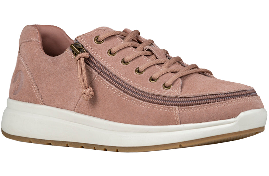 Women's Blush Suede BILLY Comfort Lows, zipper shoes, like velcro, that are adaptive, accessible, inclusive and use universal design to accommodate an afo. Footwear is medium and wide width, M, D and EEE, are comfortable, and come in toddler, kids, mens, and womens sizing.