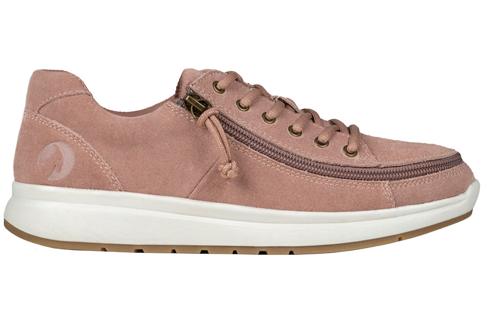 Women's Blush Suede BILLY Comfort Lows, zipper shoes, like velcro, that are adaptive, accessible, inclusive and use universal design to accommodate an afo. Footwear is medium and wide width, M, D and EEE, are comfortable, and come in toddler, kids, mens, and womens sizing.