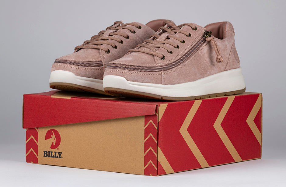 Women's Blush Suede BILLY Comfort Lows, zipper shoes, like velcro, that are adaptive, accessible, inclusive and use universal design to accommodate an afo. Footwear is medium and wide width, M, D and EEE, are comfortable, and come in toddler, kids, mens, and womens sizing.