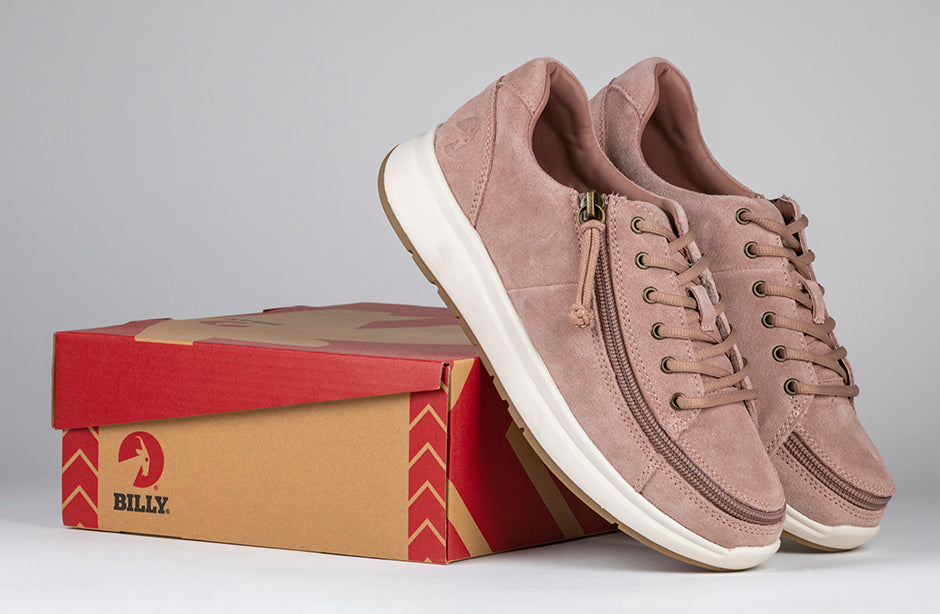 Women's Blush Suede BILLY Comfort Lows, zipper shoes, like velcro, that are adaptive, accessible, inclusive and use universal design to accommodate an afo. Footwear is medium and wide width, M, D and EEE, are comfortable, and come in toddler, kids, mens, and womens sizing.