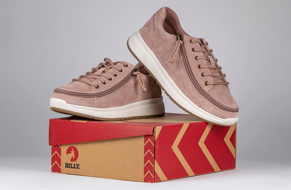 Women's Blush Suede BILLY Comfort Lows, zipper shoes, like velcro, that are adaptive, accessible, inclusive and use universal design to accommodate an afo. Footwear is medium and wide width, M, D and EEE, are comfortable, and come in toddler, kids, mens, and womens sizing.