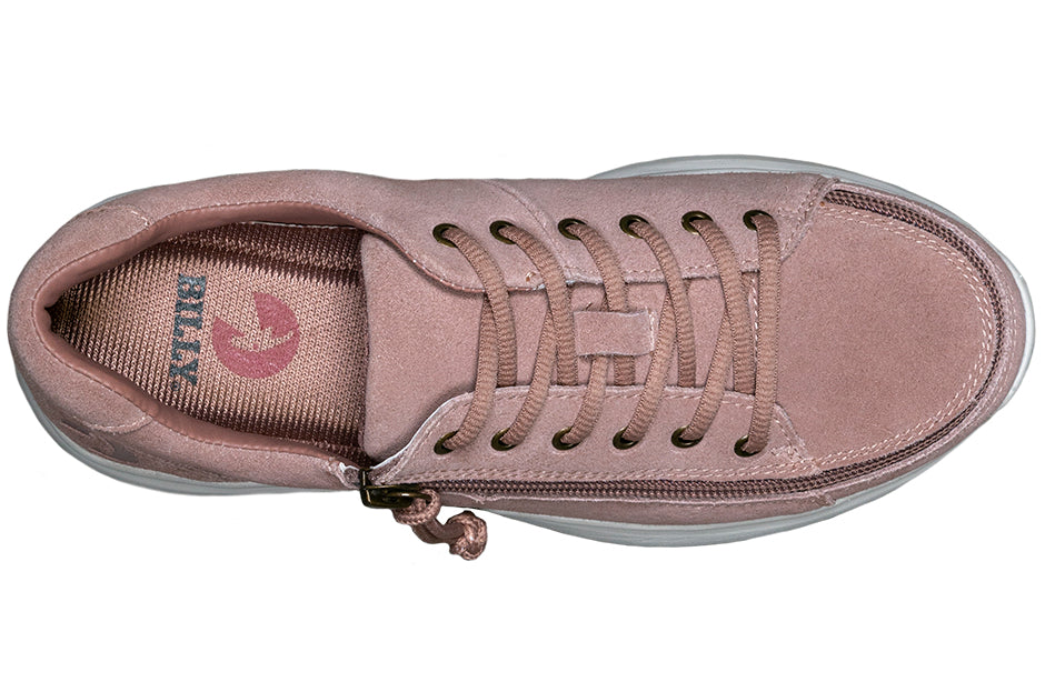 Women's Blush Suede BILLY Comfort Lows, zipper shoes, like velcro, that are adaptive, accessible, inclusive and use universal design to accommodate an afo. Footwear is medium and wide width, M, D and EEE, are comfortable, and come in toddler, kids, mens, and womens sizing.