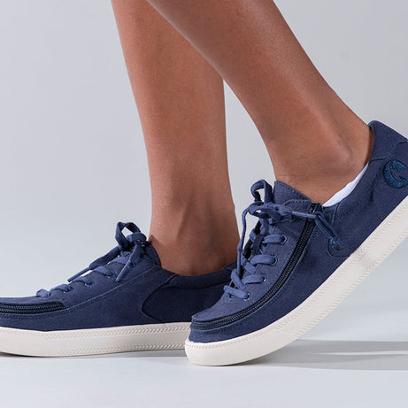 Kid's Navy BILLY Sustainable Lace Lows, zipper shoes, like velcro, that are adaptive, accessible, inclusive and use universal design to accommodate an afo. BILLY Footwear has medium and wide width, M, D and EEE, are comfortable, and come in toddler, kids, mens, and womens sizing.
