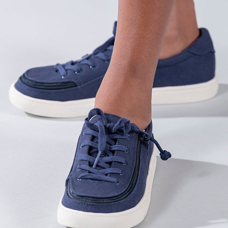 Kid's Navy BILLY Sustainable Lace Lows, zipper shoes, like velcro, that are adaptive, accessible, inclusive and use universal design to accommodate an afo. BILLY Footwear has medium and wide width, M, D and EEE, are comfortable, and come in toddler, kids, mens, and womens sizing.