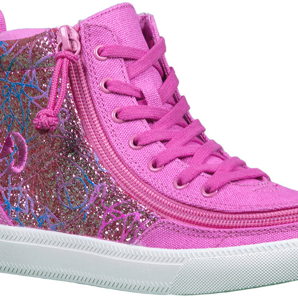 Kid's Pink Printed Canvas BILLY Classic Lace Highs, zipper shoes, like velcro, that are adaptive, accessible, inclusive and use universal design to accommodate an afo. Footwear is medium and wide width, M, D and EEE, are comfortable, and come in toddler, kids, mens, and womens sizing.