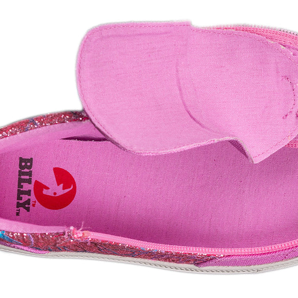 Kid's Pink Printed Canvas BILLY Classic Lace Highs, zipper shoes, like velcro, that are adaptive, accessible, inclusive and use universal design to accommodate an afo. Footwear is medium and wide width, M, D and EEE, are comfortable, and come in toddler, kids, mens, and womens sizing.