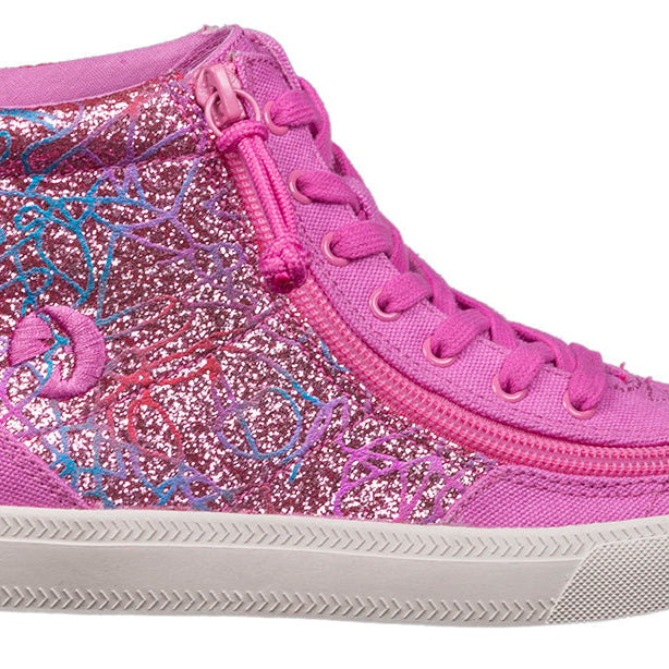 Kid's Pink Printed Canvas BILLY Classic Lace Highs, zipper shoes, like velcro, that are adaptive, accessible, inclusive and use universal design to accommodate an afo. Footwear is medium and wide width, M, D and EEE, are comfortable, and come in toddler, kids, mens, and womens sizing.