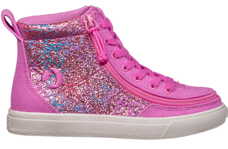 Kid's Pink Printed Canvas BILLY Classic Lace Highs, zipper shoes, like velcro, that are adaptive, accessible, inclusive and use universal design to accommodate an afo. Footwear is medium and wide width, M, D and EEE, are comfortable, and come in toddler, kids, mens, and womens sizing.