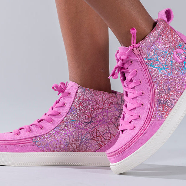 Kid's Pink Printed Canvas BILLY Classic Lace Highs, zipper shoes, like velcro, that are adaptive, accessible, inclusive and use universal design to accommodate an afo. Footwear is medium and wide width, M, D and EEE, are comfortable, and come in toddler, kids, mens, and womens sizing.