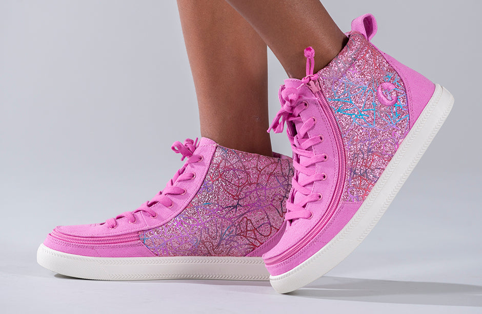 Kid's Pink Printed Canvas BILLY Classic Lace Highs, zipper shoes, like velcro, that are adaptive, accessible, inclusive and use universal design to accommodate an afo. Footwear is medium and wide width, M, D and EEE, are comfortable, and come in toddler, kids, mens, and womens sizing.