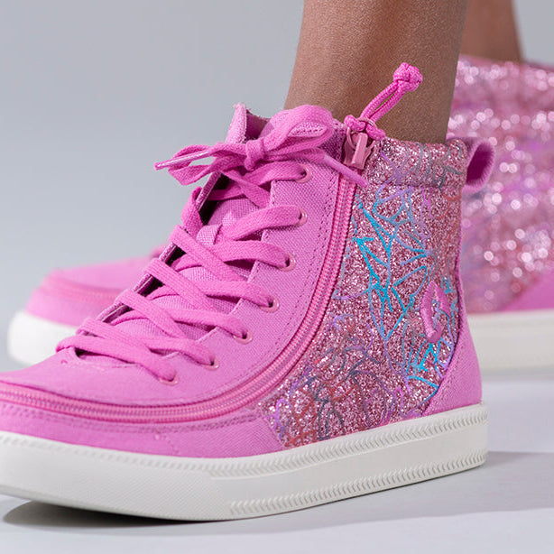 Kid's Pink Printed Canvas BILLY Classic Lace Highs, zipper shoes, like velcro, that are adaptive, accessible, inclusive and use universal design to accommodate an afo. Footwear is medium and wide width, M, D and EEE, are comfortable, and come in toddler, kids, mens, and womens sizing.