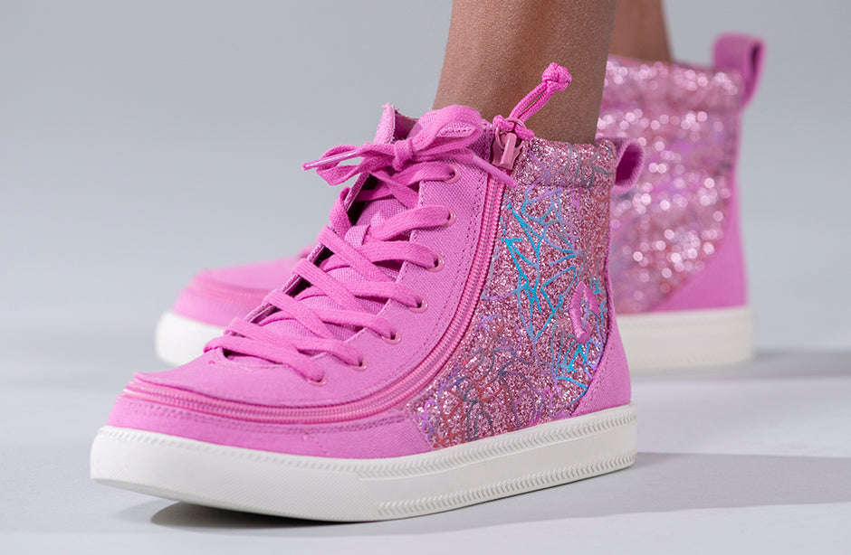 Kid's Pink Printed Canvas BILLY Classic Lace Highs, zipper shoes, like velcro, that are adaptive, accessible, inclusive and use universal design to accommodate an afo. Footwear is medium and wide width, M, D and EEE, are comfortable, and come in toddler, kids, mens, and womens sizing.