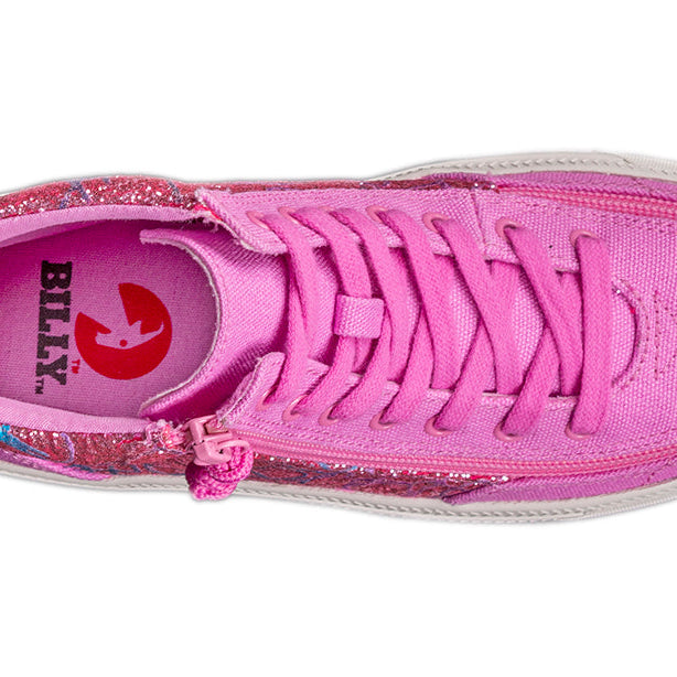 Kid's Pink Printed Canvas BILLY Classic Lace Highs, zipper shoes, like velcro, that are adaptive, accessible, inclusive and use universal design to accommodate an afo. Footwear is medium and wide width, M, D and EEE, are comfortable, and come in toddler, kids, mens, and womens sizing.
