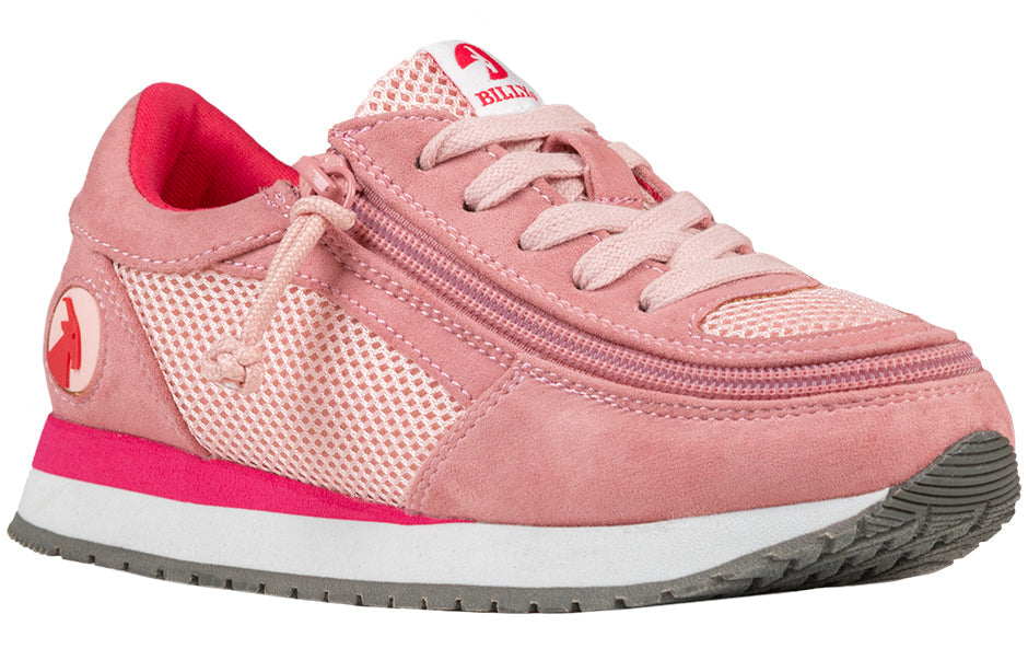Kid's Pink/Pink BILLY Joggers, zipper shoes, like velcro, that are adaptive, accessible, inclusive and use universal design to accommodate an afo. Footwear is medium and wide width, M, D and EEE, are comfortable, and come in toddler, kids, mens, and womens sizing.