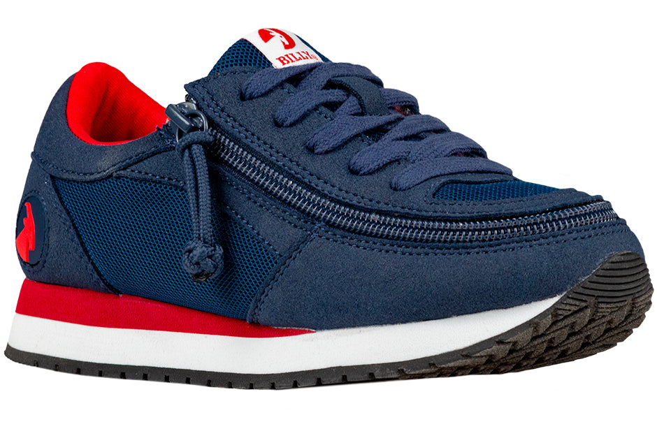 Kid's Navy/Red BILLY Joggers, zipper shoes, like velcro, that are adaptive, accessible, inclusive and use universal design to accommodate an afo. Footwear is medium and wide width, M, D and EEE, are comfortable, and come in toddler, kids, mens, and womens sizing.