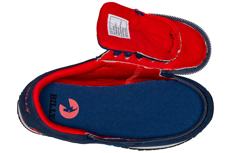 Kid's Navy/Red BILLY Joggers, zipper shoes, like velcro, that are adaptive, accessible, inclusive and use universal design to accommodate an afo. Footwear is medium and wide width, M, D and EEE, are comfortable, and come in toddler, kids, mens, and womens sizing.