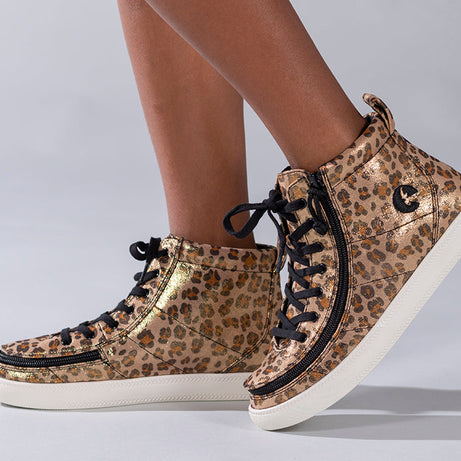 Kid's Leopard Shimmer BILLY Classic Lace Highs, zipper shoes, like velcro, that are adaptive, accessible, inclusive and use universal design to accommodate an afo. Footwear is medium and wide width, M, D and EEE, are comfortable, and come in toddler, kids, mens, and womens sizing.