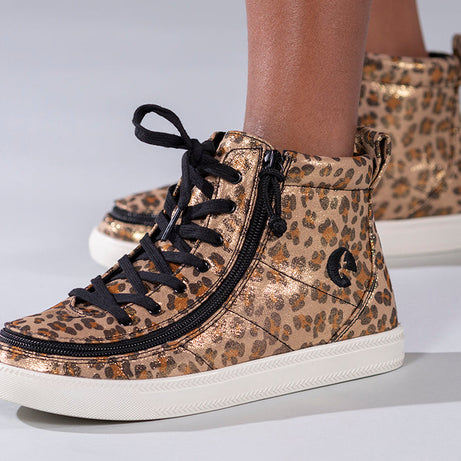 Kid's Leopard Shimmer BILLY Classic Lace Highs, zipper shoes, like velcro, that are adaptive, accessible, inclusive and use universal design to accommodate an afo. Footwear is medium and wide width, M, D and EEE, are comfortable, and come in toddler, kids, mens, and womens sizing.