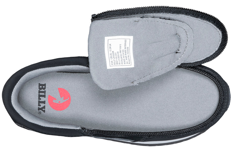 Kid's Black/Charcoal BILLY Joggers, zipper shoes, like velcro, that are adaptive, accessible, inclusive and use universal design to accommodate an afo. BILLY Footwear is medium and wide width, M, D and EEE, are comfortable, and come in toddler, kids, mens, and womens sizing.