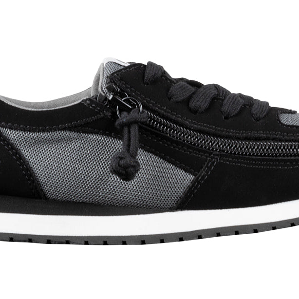 Kid's Black/Charcoal BILLY Joggers, zipper shoes, like velcro, that are adaptive, accessible, inclusive and use universal design to accommodate an afo. BILLY Footwear is medium and wide width, M, D and EEE, are comfortable, and come in toddler, kids, mens, and womens sizing.