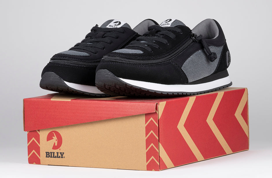 Kid's Black/Charcoal BILLY Joggers, zipper shoes, like velcro, that are adaptive, accessible, inclusive and use universal design to accommodate an afo. BILLY Footwear is medium and wide width, M, D and EEE, are comfortable, and come in toddler, kids, mens, and womens sizing.