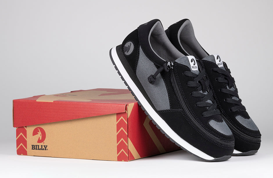 Kid's Black/Charcoal BILLY Joggers, zipper shoes, like velcro, that are adaptive, accessible, inclusive and use universal design to accommodate an afo. BILLY Footwear is medium and wide width, M, D and EEE, are comfortable, and come in toddler, kids, mens, and womens sizing.