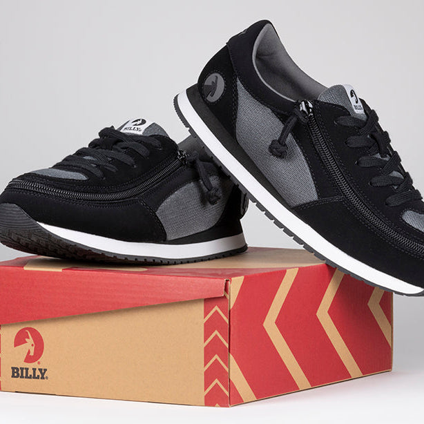 Kid's Black/Charcoal BILLY Joggers, zipper shoes, like velcro, that are adaptive, accessible, inclusive and use universal design to accommodate an afo. BILLY Footwear is medium and wide width, M, D and EEE, are comfortable, and come in toddler, kids, mens, and womens sizing.