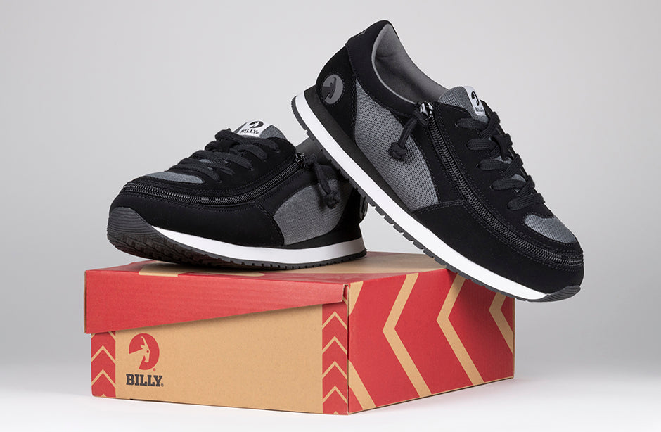 Kid's Black/Charcoal BILLY Joggers, zipper shoes, like velcro, that are adaptive, accessible, inclusive and use universal design to accommodate an afo. BILLY Footwear is medium and wide width, M, D and EEE, are comfortable, and come in toddler, kids, mens, and womens sizing.