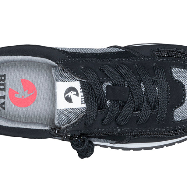 Kid's Black/Charcoal BILLY Joggers, zipper shoes, like velcro, that are adaptive, accessible, inclusive and use universal design to accommodate an afo. BILLY Footwear is medium and wide width, M, D and EEE, are comfortable, and come in toddler, kids, mens, and womens sizing.