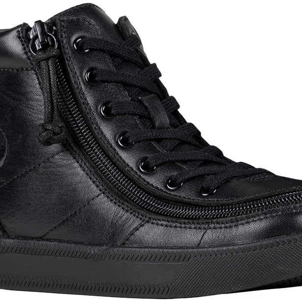 Kid's Black to the Floor Leather BILLY Classic Lace Highs, zipper shoes, like velcro, that are adaptive, accessible, inclusive and use universal design to accommodate an afo. BILLY Footwear is medium and wide width, M, D and EEE, are comfortable, and come in toddler, kids, mens, and womens sizing.