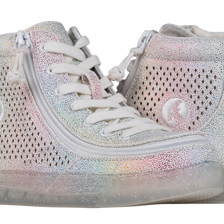 Kid's Rainbow Crackle BILLY Classic Lace Highs, zipper shoes, like velcro, that are adaptive, accessible, inclusive and use universal design to accommodate an afo. BILLY Footwear coms in medium and wide width, M, D and EEE, are comfortable, and come in toddler, kids, mens, and womens sizing.